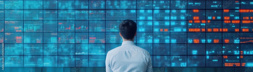 Poster A thoughtful man analyzing a complex wall of data charts and graphs in a modern office setting conveying a sense of focus and determination