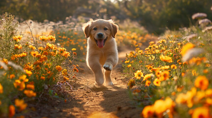 Joyful Puppy Running Along a Path Surrounded by Vibrant Flowers