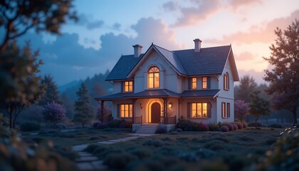 Elegant House Illuminated At Dusk In A Picturesque Setting