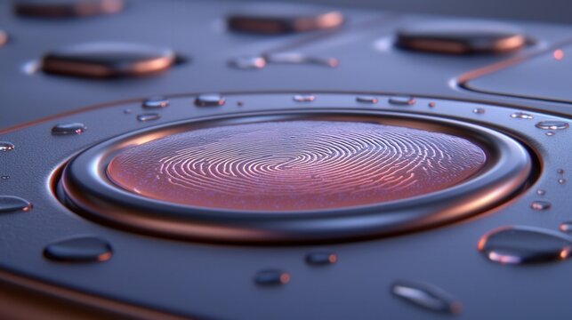 Futuristic Fingerprint Scanner with Water Droplets: High-Tech Biometric Security Detail