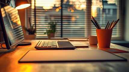 Cozy Workspace with Warm Sunset Light Illuminating a Desk with Laptop and Office Supplies