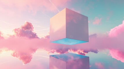 Floating Geometric Cube in Dreamy Cloudscape


