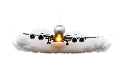 A commercial airliner ascending into the sky as it takes off. transparent background.