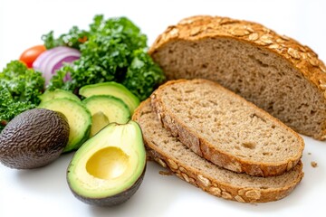 Sliced whole wheat bread, avocado, kale, red onion, and tomato.