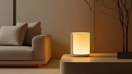 Minimalist lamp with warm light, designed with a sleek and simple silhouette, neutral tones, and a soft amber glow for a calming and elegant ambiance