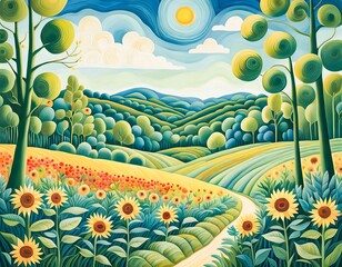 Pastel Landscape with Sunflower Fields and Path