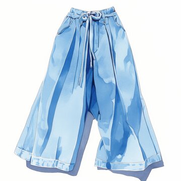 Light Blue Denim Culottes Pleated Wide Leg Pants Watercolor Fashion Illustration