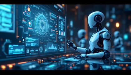 AI Robot Working on futuristic interface