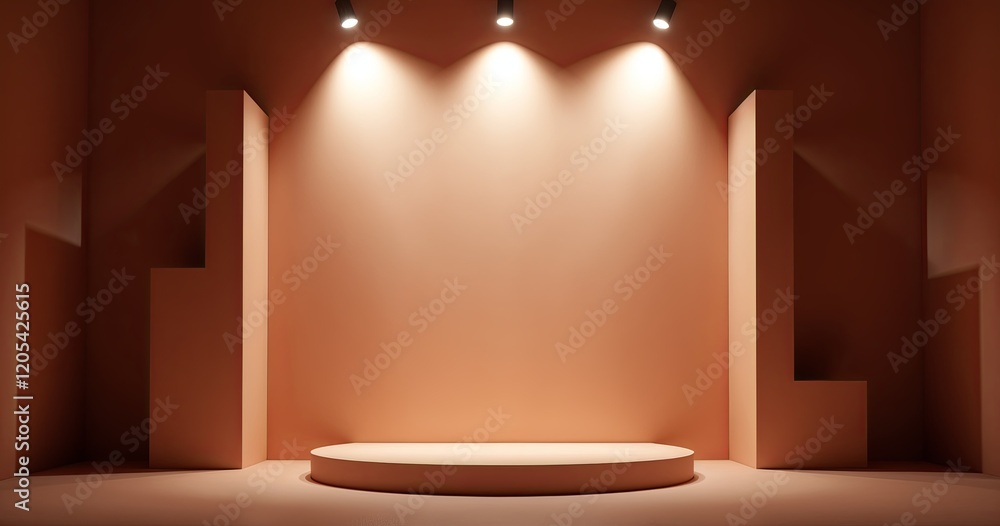 Poster minimal, abstract background featuring a brown podium with spotlights highlighting the stage. the cl