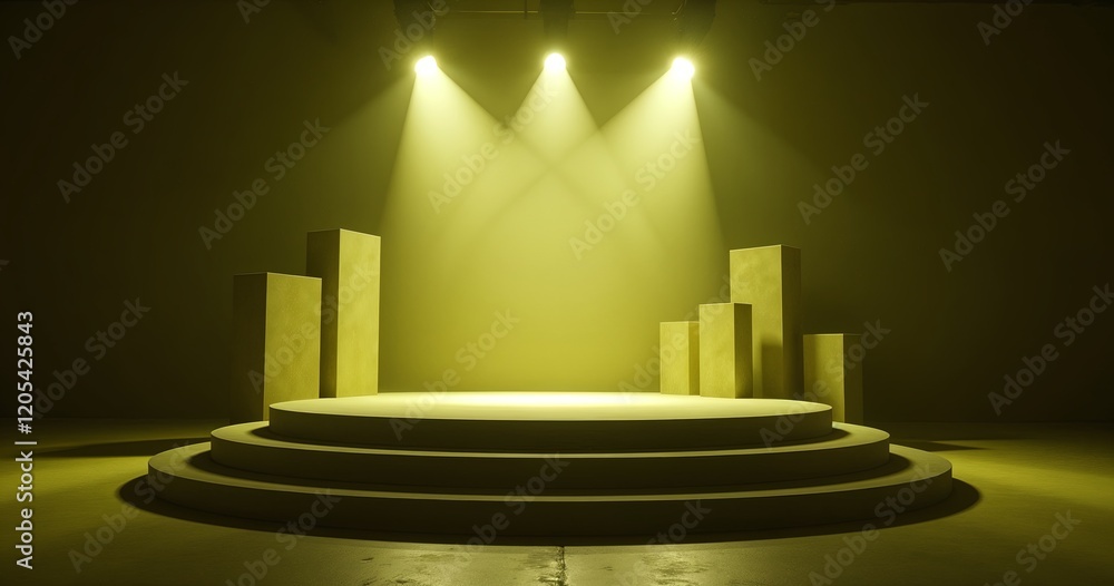 Poster minimal and modern stage with spotlights illuminating an empty podium. this simple yet elegant setup