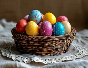 Naklejka premium Colorful spring-themed eggs in a basket