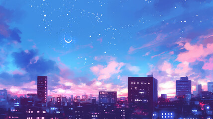 Naklejka premium 星空と月明かりに照らされる都市の風景｜静寂の夜景。水彩画タッチで日本の都会の夜景を描いている。挿絵や背景にも使える。