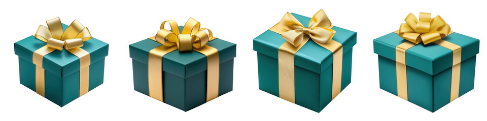 Obraz premium Four beautifully wrapped teal gift boxes with golden ribbons against a transparent background.