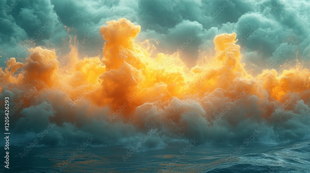 Poster dynamic abstract composition of golden and teal hues: a visually striking contrast of textures and f