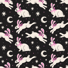 Easter bunny, rabbit seamless vector pattern. Cute groovy funky cartoon illustration of hare with cute pink ears, bow on dark background with stars and moon