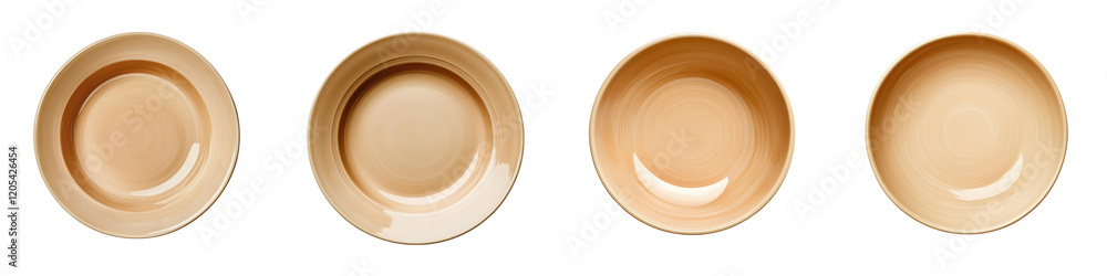 Poster four empty plates arranged in a row on a transparent background, showcasing their simple design.