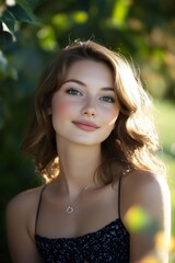 portrait of a young woman outdoors with soft sunlight and natural setting