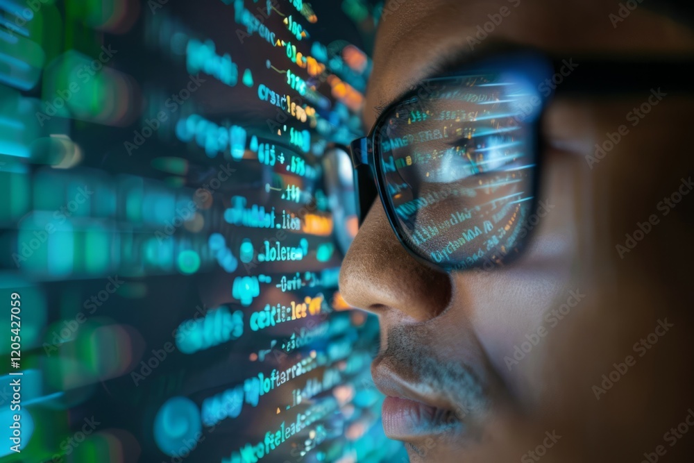Wall mural portrait of startup digital entrepreneur working on computer, line of code projected on face and ref
