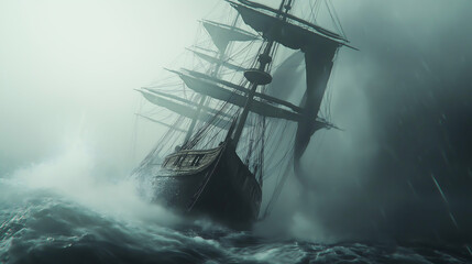 A tall ship with fully raised sails, navigating stormy seas with dark clouds overhead	