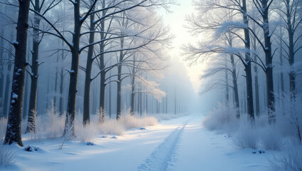 Winter forest with frost on branches