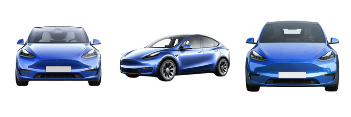 Three blue cars displayed from different angles on a transparent background.