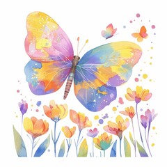 Vibrant Watercolor Butterfly and Flowers Spring Nature Art Colorful Insect Illustration