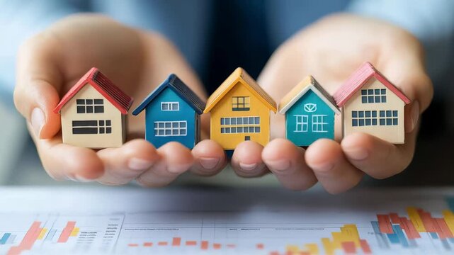 Businessperson holding vibrant miniature houses above financial documents, representing the concepts of property investment, mortgage options, and the home buying process