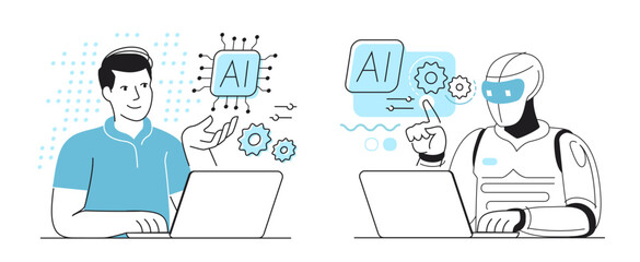 Man working on laptop using artificial intelligence technology. AI assistant, virtual cyberspace, digital data