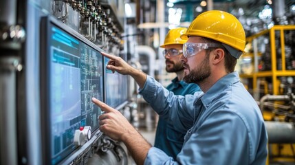 Scada engineers operator controller working with data base from Scada system on computer screen at green power plant factory.