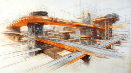 Futuristic city sketch, elevated highways, orange structures.