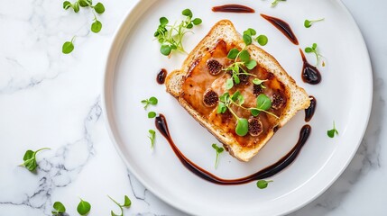 Gourmet toast with figs, balsamic glaze, and microgreens on a white plate.