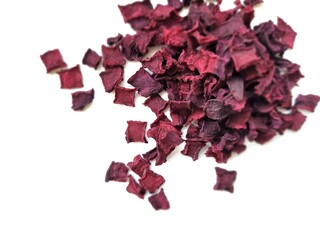 Pile of dried beetroot in little cubes.