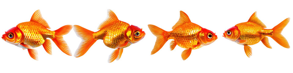 Fototapeta premium Four vibrant goldfish swimming against a transparent background.