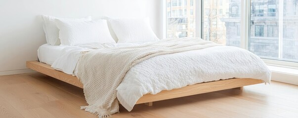 Spacious urban bedroom with a platform bed, textured blankets, and floor-to-ceiling windows, modern luxury, selective focus on foreground, copy space for text,