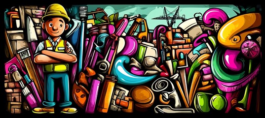 Cartoon construction worker amidst colorful tools and equipment.