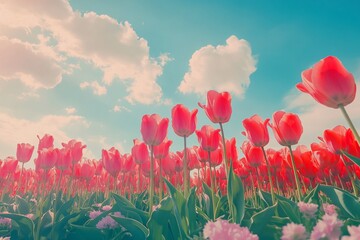 Fototapeta premium Vibrant red tulips field under a bright sky.