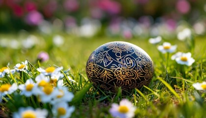 Colorful spring-themed eggs on a colorful background