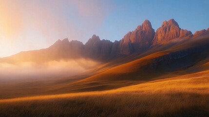 Golden hour sunlight illuminates misty valley and majestic mountains.