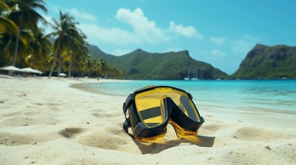 A photo of a snorkel mask and fins on a tropical beach