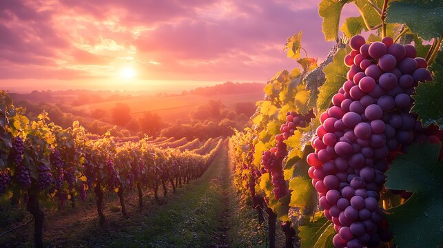 Vineyard sunset, ripe grapes, autumn harvest, rolling hills