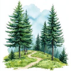 Serene Watercolor Painting of Winding Path Through Lush Evergreen Forest