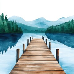 Serene Watercolor Painting of Wooden Dock Extending to Tranquil Lake Surrounded by Majestic