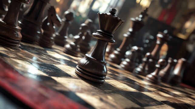 Close-up of a dark wooden chess queen on a board.