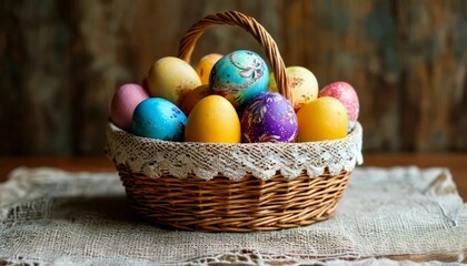Colorful spring-themed eggs in a basket