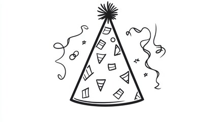 Fototapeta premium Simple Hand-Drawn Party Hat with Confetti and Streamers Illustration