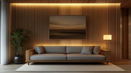 Modern minimalist living room with wood wall, grey sofa, and artwork.