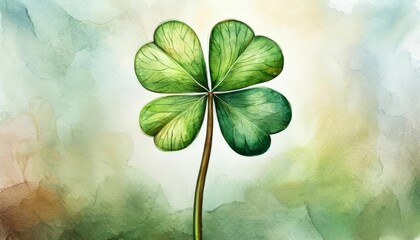 Bright four-leaf clover on a green watercolor background