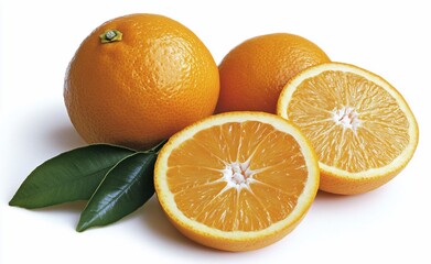 Fototapeta premium Two whole oranges and one halved orange with leaves on white background.