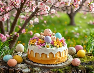 A festive Easter cake decorated with pastel frosting and topped with a white egg, surrounded by vibrant spring flowers