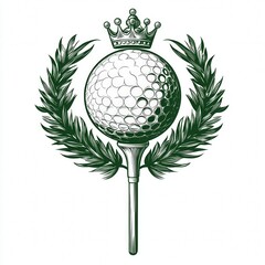 Design of golf ball on tee with wreath and crown icon logo illustration isolated on white background